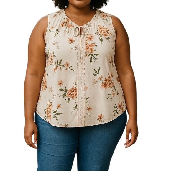 Naif Tops - Plus Size, NAIF Cream Floral Sleeveless Tie Front Blouse, Size 2X